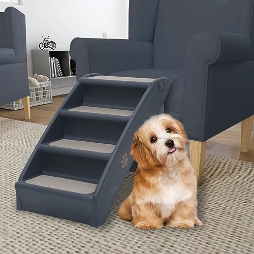 Homgoday Klappbare Hundetreppe mit 4 Stufen Dunkelgrau, Möbel für Haus Innen Außen Wohnzimmer Schlafzimmer von Homgoday