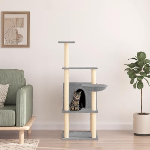 Homgoday Kratzbaum für Katzen mit Sisalstämmen, Hellgrau, 132 cm, Kratzbaum für Katzen, Katzenturm, Katzenbaum, Spielhaus für Haustiere, Möbel für Katzen, Haustiere, Tiere von Homgoday