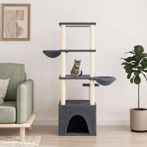 Homgoday Kratzbaum für Katzen mit Sisalstämmen, dunkelgrau, 147 cm, Kratzbaum für Katzen, Katzenbaum, Haus für Haustiere, Möbel für Katzen, Haustiere, Tiere von Homgoday