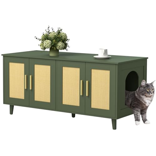 Homhedy Boho-Katzentoilette für 2 Katzen, Katzenklo mit doppelten Rattan-Dekortüren, Holz-Katzen-Waschraum-Möbel, Katzenhaus, 120 cm L x 50 cm B x 55 cm H, Grün von Homhedy