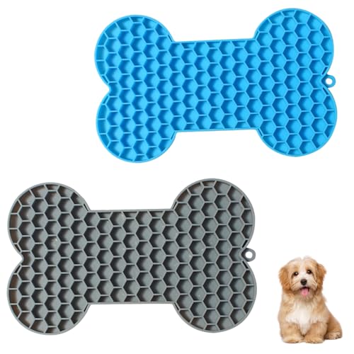 Licky Mats für Hunde und Katzen, 2 Stück, knochenförmige Slow Feeder Silikonmatte für Hundeleckerli, Arten von Nassfutter, Leckmatten für Langeweile, Angstlinderung und Haustiertraining, Blau und Grau von Homiladi