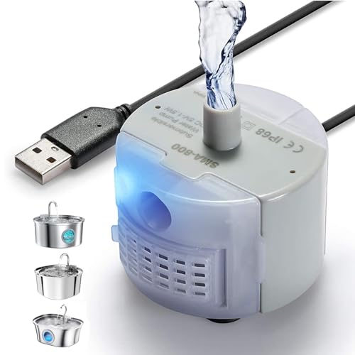 Ersatzpumpe für Katzenbrunnen, Homrich Haustier Wasserpumpe Trinkbrunnenpumpe für 3.2L Edelstahl Trinkbrunnen Katzentrinkbrunnen, DC5V 1.5W Verbrauchsarme Pumpe mit LED-Licht, USB-Kabel, Super Leise von Homrich