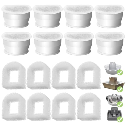 Katzenbrunnen Filter für PetSafe Drinkwell, 8 Pcs Ersatzfilter Trinkbrunnen Katzen & 8 Pcs Schaumfilter, Katzenbrunnen-Ersatzkohlefilter für Avalon Pagoda Gallon Sedona Seascape Seaside Butterly von Homrich