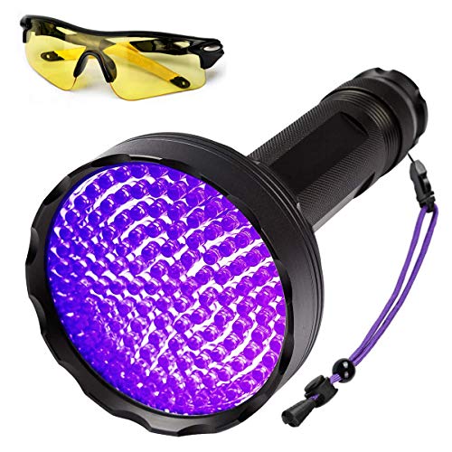 Schwarzlicht Taschenlampe, 128 LEDs UV Lampe mit UV Schutzbrille für Heimtierurindetektoren, Schwarzlichtlampe 395nm UV Licht Scorpion Torch Lampe für unechte Banknoten, Urin von Hunde, Katzen von Homrich