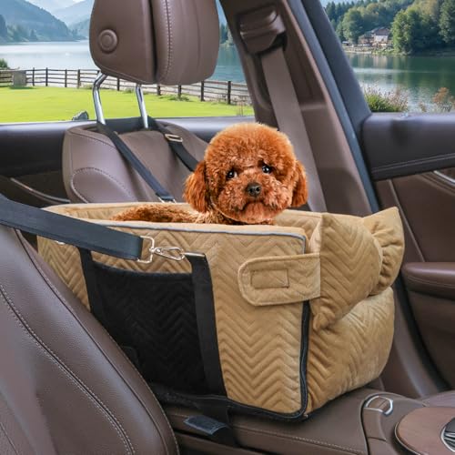 Homsunyi Hunde-Autositz für kleine Hunde, tragbare Hundekonsole, Autositz, Mittelkonsole, Hundeautositz mit Sicherheitsgurt und weichem Kissen, Haustier-Autositz für Hunde und Katzen unter 6,8 kg, von Homsunyi