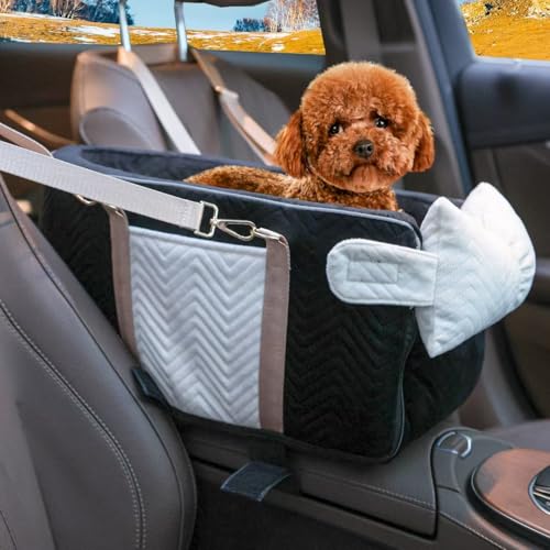 Homsunyi Hunde-Autositz für kleine Hunde, tragbare Mittelkonsole, Hunde-Autositz, Autositz mit Sicherheitsgurt und weichem Kissen, Haustier-Autositz für Hunde und Katzen unter 6,8 kg, Schwarz von Homsunyi