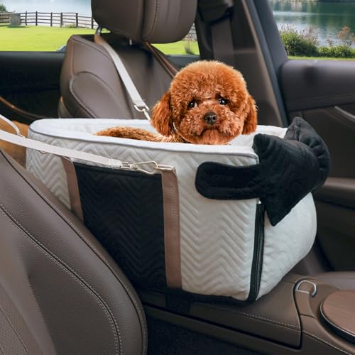 Homsunyi Hunde-Autositz für kleine Hunde, tragbare Mittelkonsole, Hunde-Autositz, Autositz mit Sicherheitsgurt und weichem Kissen, Haustier-Autositz für Hunde und Katzen unter 6,8 kg, Weiß von Homsunyi