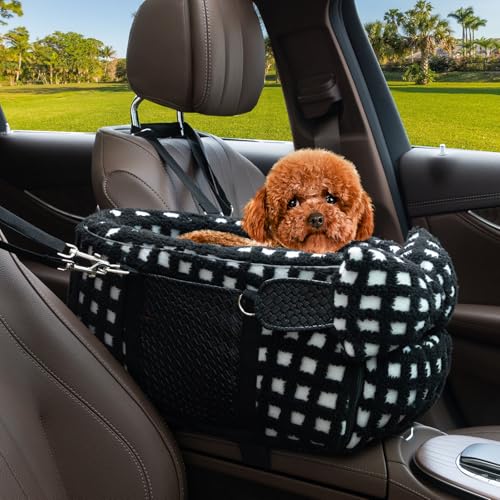 Homsunyi Hundekonsole, Autositz, Mittelkonsole, Hundeautositz, 6,8 kg, groß, Haustier-Autositz Mittelkonsole mit Lammwolle und doppeltem Sicherheitsgurt von Homsunyi