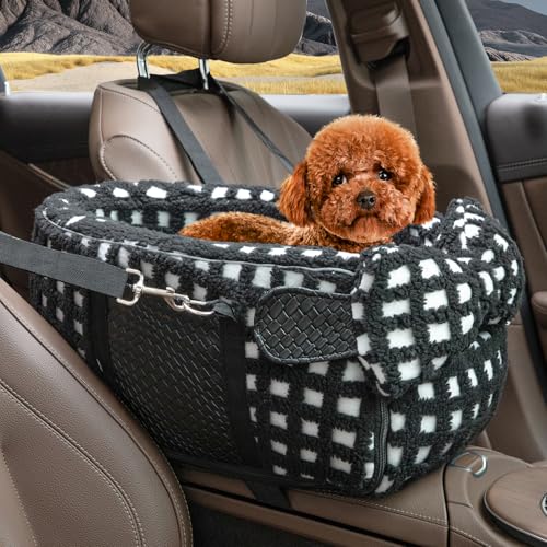 Homsunyi Mittelkonsole Hundeautositz, Hundekonsole Autositz 6,8 kg groß, Haustier-Autositz Mittelkonsole mit Lammwolle und doppeltem Schutz Sicherheitsgurte von Homsunyi