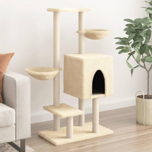 Homvdxl 117cm Katzenbaum mit Katzenhaus und Kratzbäumen für Indoor Katzen, Activity Center Katzenmöbel mit 2 Relaxkörben & Sitzplattformen - Creme von Homvdxl