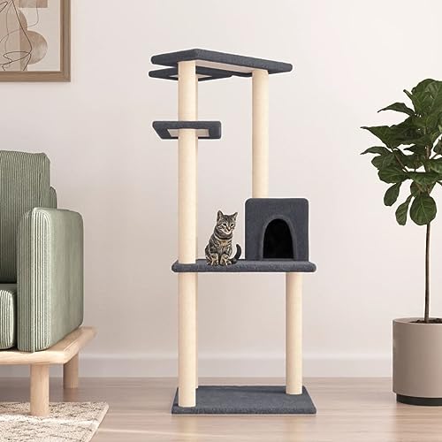 Homvdxl 123 cm Katzenbaum Turm mit Katzenhütte für Indoor-Katzen, 4-lagiger Katzenturm Aktivitätszentrum Katzenmöbel mit Kratzbaum und Sprungplattform - Dunkelgrau von Homvdxl