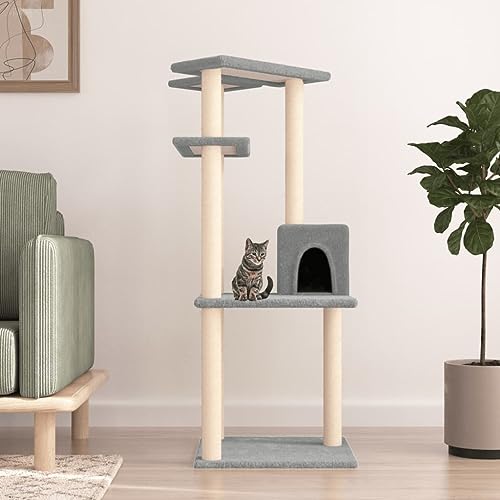 Homvdxl 123 cm Katzenbaum Turm mit Katzenhütte für Indoor-Katzen, 4-lagiger Katzenturm Aktivitätszentrum Katzenmöbel mit Kratzbaum und Sprungplattform - Hellgrau von Homvdxl