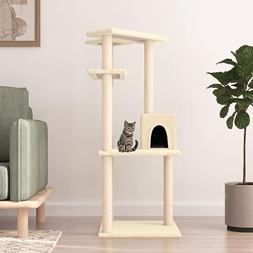 Homvdxl 123cm Katzenbaum Turm mit Katzenhaus für Indoor-Katzen, 4-lagiger Katzenturm Aktivitätszentrum Katzenmöbel mit Kratzbaum und Sprungplattform - Creme von Homvdxl