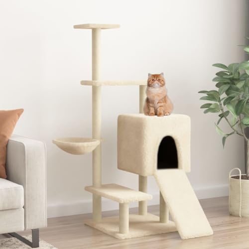 Homvdxl 130 cm Kratzbaum Turm für Indoor-Katzen, Katzenmöbel mit gemütlicher Katzenhütte, mehrstöckiges Katzenhaus mit Sisal-Kratzbäumen und Spielplattform für kleine Katzen - Creme von Homvdxl