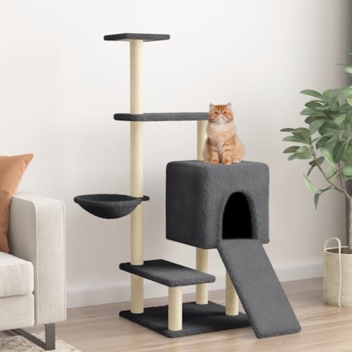 Homvdxl 130 cm Kratzbaum Turm für Indoor-Katzen, Katzenmöbel mit gemütlicher Katzenhütte, mehrstöckiges Katzenhaus mit Sisal-Kratzbäumen und Spielplattform für kleine Katzen - Dunkelgrau von Homvdxl