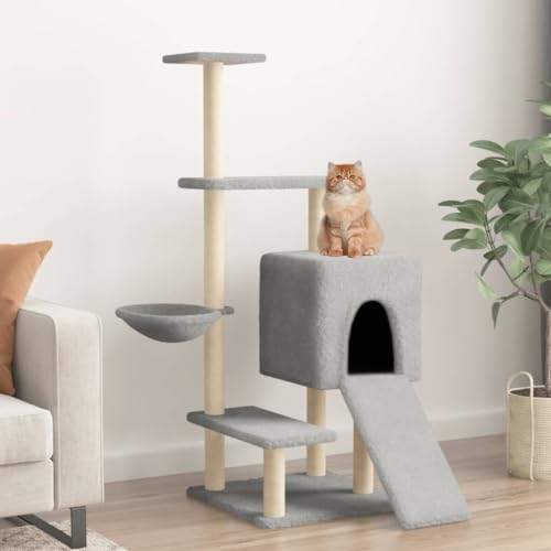 Homvdxl 130 cm Kratzbaum Turm für Indoor-Katzen, Katzenmöbel mit gemütlicher Katzenhütte, mehrstöckiges Katzenhaus mit Sisal-Kratzbäumen und Spielplattform für kleine Katzen - Hellgrau von Homvdxl