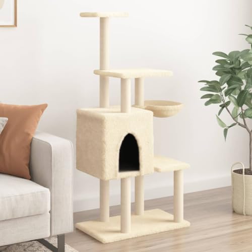 Homvdxl 131cm Katzenbaum Plüsch Katzenturm mit Höhle Korb Sprungplattform Katzenkratzbäume für Indoor Katzen Haustiere - Creme von Homvdxl