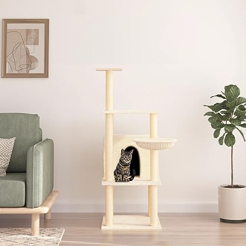 Homvdxl 132 cm Katzenbaumturm, bequeme Katzenhütten mit Sisalüberzogenen Kratzbäumen & Korb, Katzenhaus Aktivitätszentrum für Kätzchen, Katzen und Haustiere - Creme von Homvdxl