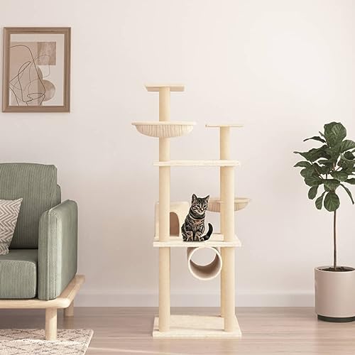 Homvdxl 141 cm Kratzbaum für Indoor-Katzen, mehrstöckiger großer Katzenturm mit Katzen-Sisal-Kratzstämmen, bequeme Katzenhütte, Körbe & Sprungplattform für Aktivitätszentrum - Creme von Homvdxl