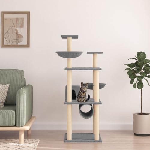 Homvdxl 141 cm Kratzbaum für Indoor-Katzen, mehrstöckiger großer Katzenturm mit Katzen-Sisal-Kratzstämmen, bequeme Katzenhütte, Körbe & Sprungplattform für Aktivitätszentrum - Hellgrau von Homvdxl