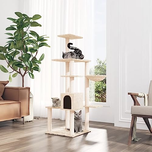 Homvdxl 142 cm Kratzbaum Turm für Indoor-Katzen mit gemütlicher Katzenhütte, Sisal-Kratzbäumen und mehrstufiger Sprungplattform, hoher Katzenbaum für Katzen und Haustiere - Creme von Homvdxl