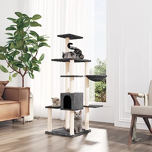 Homvdxl 142 cm Kratzbaum Turm für Indoor-Katzen mit gemütlicher Katzenhütte, Sisal-Kratzbäumen und mehrstufiger Sprungplattform, hoher Katzenbaum für Katzen und Haustiere - Dunkelgrau von Homvdxl