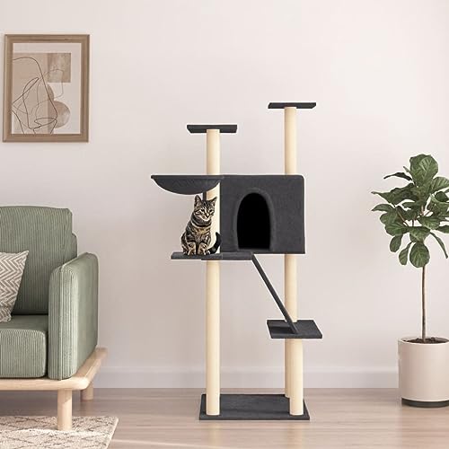 Homvdxl 143 cm Katzenbaum Turm, hohe Katzenhütten mit Sisalüberzogenen Kratzstämmen, Rampe & Liegekorb, Katzenhaus Aktivitätszentrum für Kätzchen, Katzen und Haustiere - Dunkelgrau von Homvdxl