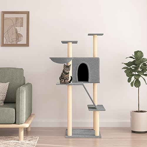 Homvdxl 143 cm Katzenbaum Turm, hohe Katzenhütten mit Sisalüberzogenen Kratzstämmen, Rampe & Liegekorb, Katzenhaus Aktivitätszentrum für Kätzchen, Katzen und Haustiere - Hellgrau von Homvdxl