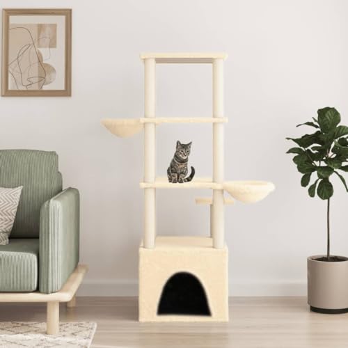 Homvdxl 147cm Katzenbaum Turm mit Katzenhaus für Indoor Katzen, Katzenturm Activity Center Katzenmöbel mit Kratzbaum und Hängekörben - Creme von Homvdxl