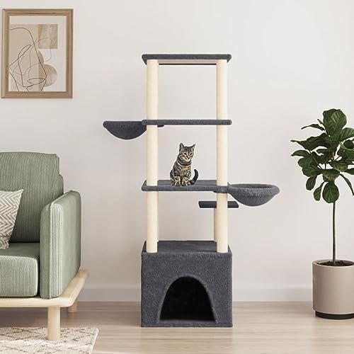 Homvdxl 147cm Katzenbaum Turm mit Katzenhaus für Indoor Katzen, Katzenturm Activity Center Katzenmöbel mit Kratzbaum und Hängekörben - Dunkelgrau von Homvdxl