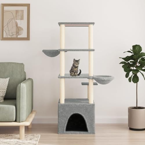 Homvdxl 147cm Katzenbaum Turm mit Katzenhaus für Indoor Katzen, Katzenturm Activity Center Katzenmöbel mit Kratzbaum und Hängekörben - Hellgrau von Homvdxl