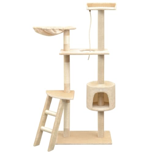 Homvdxl 150 cm Katzenbaum Turm für Indoor-Katzen, mehrstöckiges Möbel-Aktivitätszentrum mit Kratzstämmen, Ständer, Haus, Wohnung, Hängematte, Leiter, Kätzchen, Haustier-Spielhaus, Beige von Homvdxl