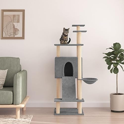 Homvdxl 153 cm Katzenbaum für Indoor-Katzen, mehrstöckiger Katzenturm mit Sisal-Kratzstämmen, bequeme Katzenhütte, Körbe, Spielrampe & Sprungplattform - Hellgrau von Homvdxl