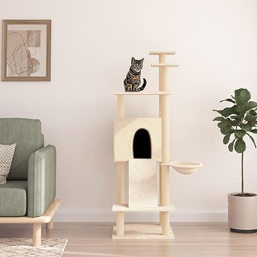 Homvdxl 153 cm Kratzbaum für Indoor-Katzen, mehrstöckiger Katzenturm mit Sisal-Kratzstämmen, bequeme Katzenhütte, Körbe, Spielrampe & Sprungplattform, Creme von Homvdxl