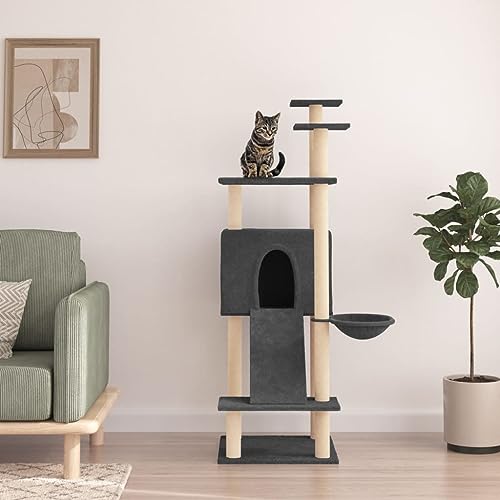 Homvdxl 153 cm Kratzbaum für Indoor-Katzen, mehrstöckiger Katzenturm mit Sisal-Kratzstämmen, bequeme Katzenhütte, Körbe, Spielrampe & Sprungplattform - Dunkelgrau von Homvdxl