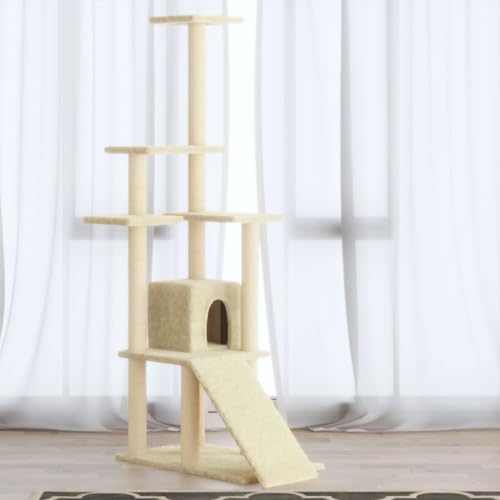 Homvdxl 155 cm großer Katzenbaum Turm mit Katzenhütte für Indoor-Katzen, hoher Katzenturm Aktivitätszentrum mit Kratzbaum, Sprungplattform und Kletterleiter, cremefarben von Homvdxl