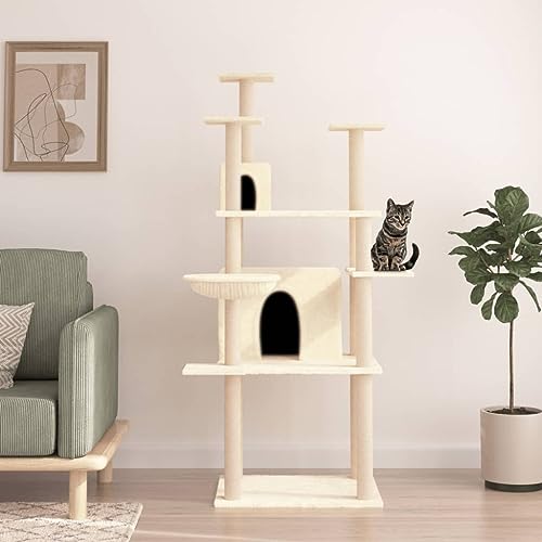 Homvdxl 166 cm Katzenbaum Turm, 2 Katzenhütten mit Sisalüberzogenen Kratzstämmen, Katzenhaus Activity Center Möbel für Kätzchen, Katzen und Haustiere - Creme von Homvdxl