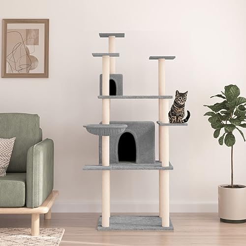 Homvdxl 166 cm Katzenbaum Turm, 2 Katzenhütten mit Sisalüberzogenen Kratzstämmen, Katzenhaus Activity Center Möbel für Kätzchen, Katzen und Haustiere - Hellgrau von Homvdxl