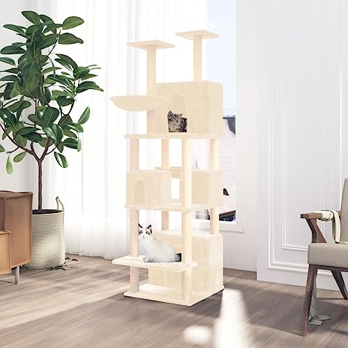 Homvdxl 180 cm hoher Katzenbaum, großer Katzenturm für Indoor-Katzen mit 3 Katzenhütten, Sisalüberzogenen Kratzstämmen, 2 Körben und mehrstufigen Plattformen für Katzen, Creme von Homvdxl