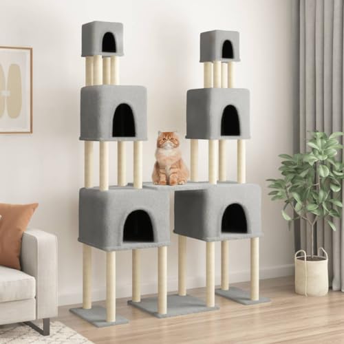 Homvdxl Doppelter breiter Katzenbaum für Indoor-Katzen, 199 cm, mehrstöckiger Katzenturm mit 6 gemütlichen Katzenhütten und Sisal-Kratzbaum für Kätzchen, Hellgrau von Homvdxl