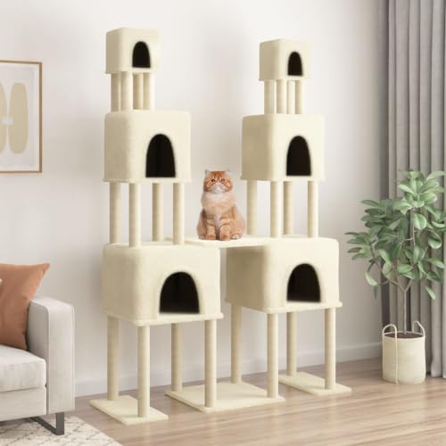 Homvdxl Doppelter breiter Kratzbaum für Indoor-Katzen, 199 cm, mehrstöckiger Katzenturm mit 6 gemütlichen Katzenhütten und Sisal-Kratzbaum für Kätzchen, cremefarben von Homvdxl