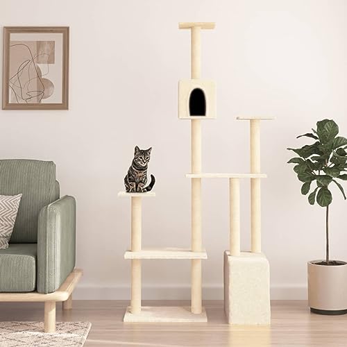 Homvdxl Großer Kratzbaum, 180 cm Katzenturm für große Katzen, 2 Katzenhütten mit Sisalüberzogenen Kratzstämmen & hoher Sitzstange für Indoor-Katzen, Creme von Homvdxl