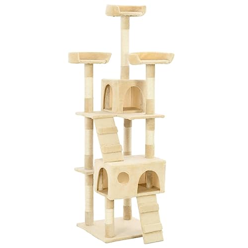 Homvdxl Katzenbaum Turm für Indoor-Katzen mit Katzenhütte, gemütliches Plüsch-Katzenhaus mit Kletterleiter & Sitzstangenplattform, Katzenmöbel Haustierhaus mit Katzenkratzstämmen - Beige von Homvdxl