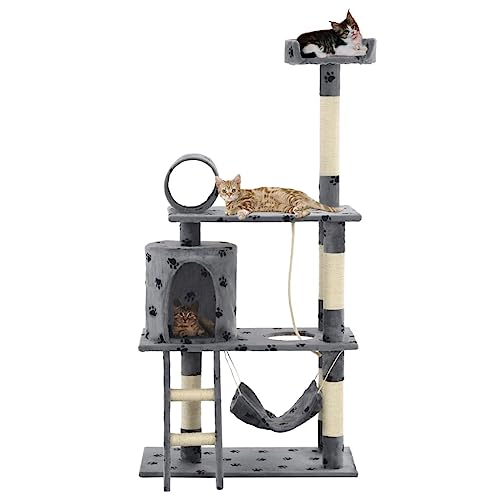 Homvdxl Katzenbaum für Indoor-Katzen, 140 cm mehrstöckiger Katzenturm mit Katzenhütte, Hängematte und Sisal-Kratzbaum, Top-Plattform & Leiter für Kätzchen Katzen - Grau + Pfotenabdruck von Homvdxl