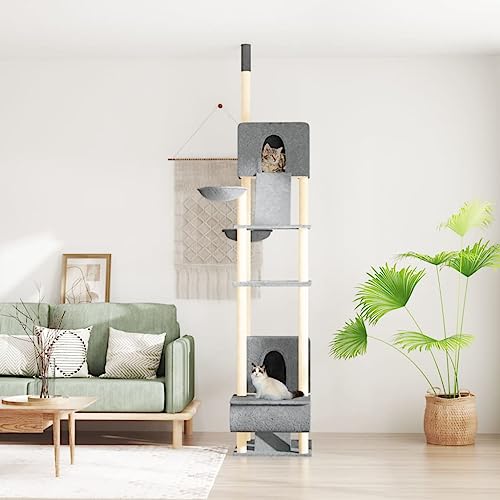 Homvdxl Katzenbaum für Indoor-Katzen, 303 cm Katzenturm mit 2 gemütlichen Höhlen, Sitzstangen, Kratzbäumen und Liegekörben für kleine Räume, Kätzchen - Hellgrau von Homvdxl