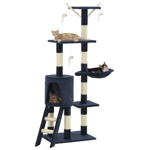 Homvdxl Katzenbaum für kleine Indoor-Katzen, 138 cm Plüsch-Katzenturm mit Katzenhütte, Hängematte und Sisal-Katzenkratzbaum & Hängespielzeug für Kätzchen Katzen - Dunkelblau von Homvdxl