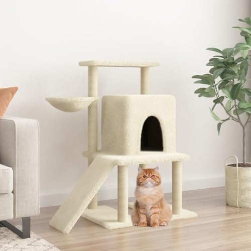 Homvdxl Katzenbaum für kleine Indoor-Katzen, mehrstufiger Katzenturm mit gemütlicher Katzenhütte, kleiner Hängematte, Spielrampe und Sisal-Katzenkratzbaum für Kätzchen, Creme von Homvdxl