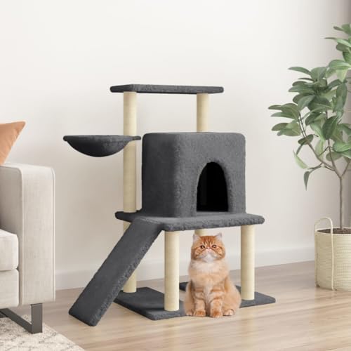 Homvdxl Katzenbaum für kleine Indoor-Katzen, mehrstufiger Katzenturm mit gemütlicher Katzenhütte, kleiner Hängematte, Spielrampe und Sisal-Katzenkratzbaum für Kätzchen, Dunkelgrau von Homvdxl