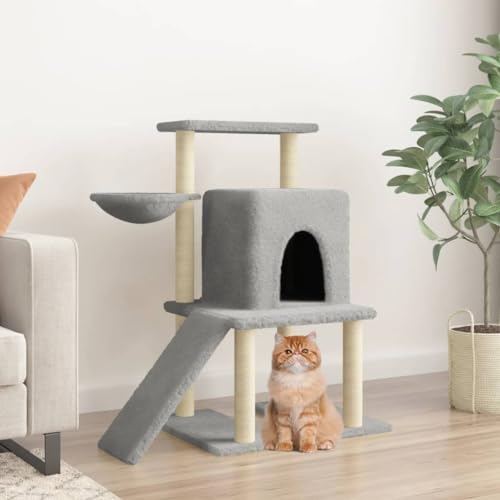 Homvdxl Katzenbaum für kleine Indoor-Katzen, mehrstufiger Katzenturm mit gemütlicher Katzenhütte, kleiner Hängematte, Spielrampe und Sisal-Katzenkratzbaum für Kätzchen, Hellgrau von Homvdxl