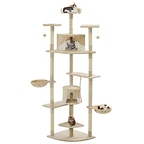 Homvdxl Katzenturm für Indoor-Katzen, 203 cm hoch, mehrstöckiger Kratzbaum mit Sisalüberzug, gemütlicher Katzenhütte, 2 Hängematten, Plattformen und Sitzstange oben, Beige von Homvdxl